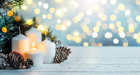 Advent white candles with decor in shiny lights closeup