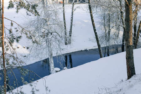 snow covered trees and blue riverの写真素材