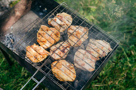 Grilled chicken on a wire rack top view, chicken skewersの写真素材