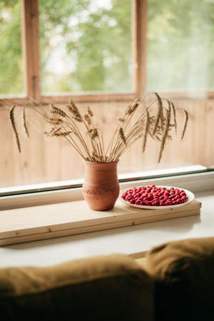 Ceramic jug with a bunch of ears of cornの写真素材