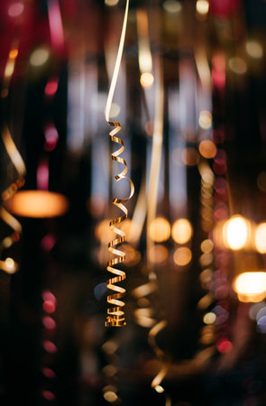 christmas decoration of the bar with ribbons and tinselの写真素材