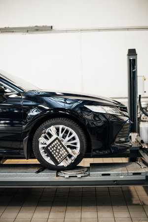 Auto wheel alignment in service, car preparing for professional diagnostics, close up