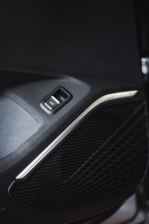 Sound speaker in a modern car door panel. Close up car speaker on car door panel. High quality photoの写真素材