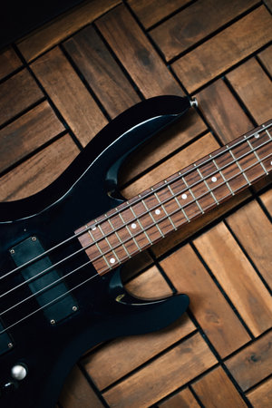 electric black guitar neck close upの写真素材