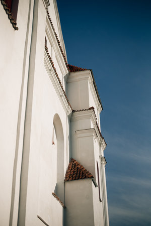 Wall of the white church in Belarusの写真素材