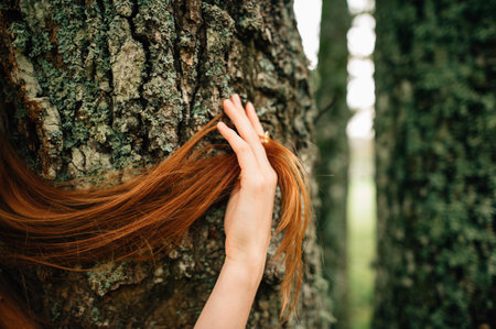 red hair girl close up near tree barkの写真素材