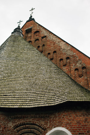 elements of an ancient defensive brick church. High quality photoの写真素材