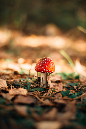 Toxic and hallucinogen mushroom Fly Agaric in grass on autumn forest backgroundの写真素材