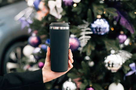 black thermos mug in hand near decorated Christmas tree. High quality photo