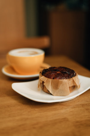 CINNAMON BUN AND LATTE ON THE TABLE. High quality photoの写真素材