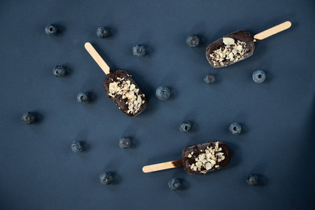popsicle with blueberries on a blue background. High quality photoの写真素材