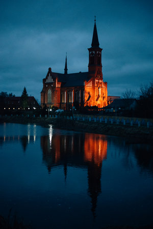 Catholic church in Postavy at nightの写真素材