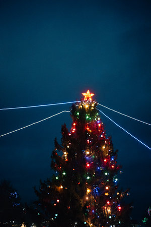 decorated Christmas tree on the square at night. High quality photoの写真素材
