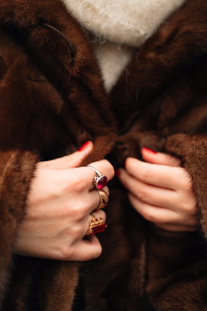 girl zips up fur coat, hand in vintage rings. High quality photoの写真素材