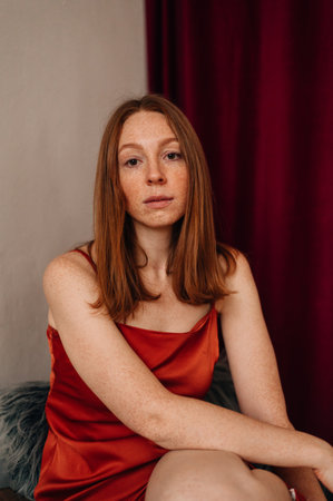 red haired attractive girl in orange satin dress. High quality photoの写真素材