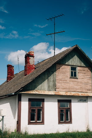 white house with red windows. High quality photoの写真素材
