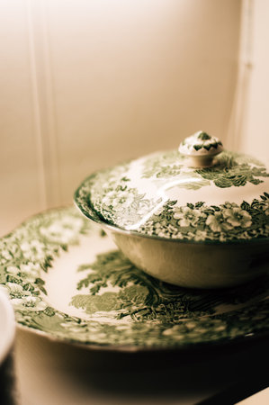 vintage dishes on shelves. High quality photoの写真素材