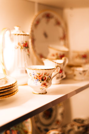vintage dishes on shelves in a store. High quality photoの写真素材