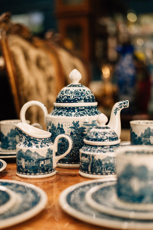 vintage antique dishes with blue pattern. High quality photoの写真素材