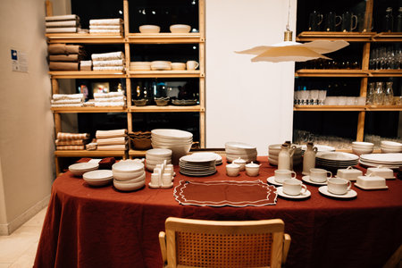 Shop with tableware and textiles. High quality photoの写真素材