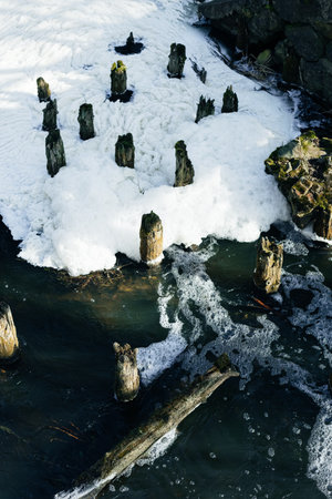Foam in the river near the waterfall. High quality photoの写真素材