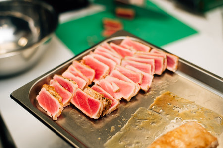 Rarely roasted tuna steaks close-upの写真素材