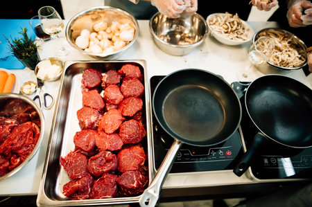 raw beef sprinkled with garlic and seasonings. High quality photoの写真素材