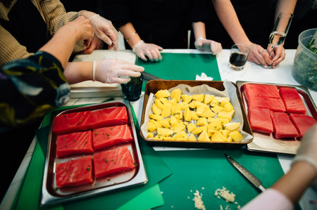 tuna and potatoes on a baking sheet. High quality photoの写真素材