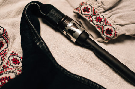 Elements of the bagpipe instrument close-up. High quality photoの写真素材