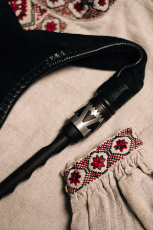 Elements of the bagpipe instrument close-up. High quality photoの写真素材