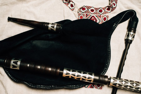 Elements of the bagpipe instrument close-up. High quality photoの写真素材