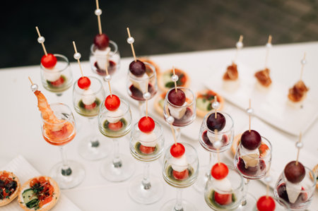 Skewers with appetizers on the banquet tableの写真素材