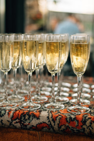 Glasses of champagne on the tableの写真素材
