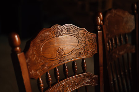 Wooden lacquered chair with carvingsの写真素材
