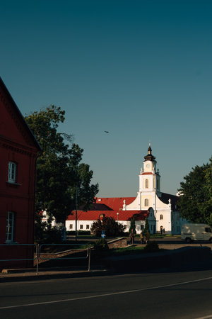 Town Hall Square with the town hall building in the Belarusian city of Orsha. Belarus, Orsha.の写真素材