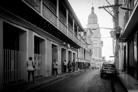 Street leading to the Parque Cespedes and the cathedral of Santiago de Cubaのeditorial素材