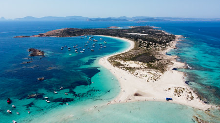 Aerial view of the beaches of Ses Illetes on the island of Formentera in the Balearic Islands, Spain...