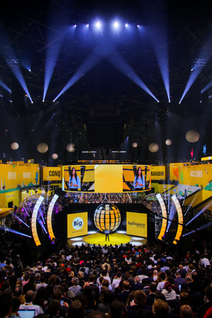 Paris, France - October 7, 2021: Speaker on the center stage at the "Bpifrance Innovation Generation" (BIG) business convention for investors and entrepreneurs at the Accor Arena in Paris Bercyのeditorial素材