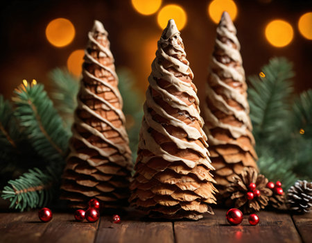 Beautiful Christmas tree-shaped cookies stand elegantly on the holiday table, adding a festive touch to the celebration. Generative AIの素材