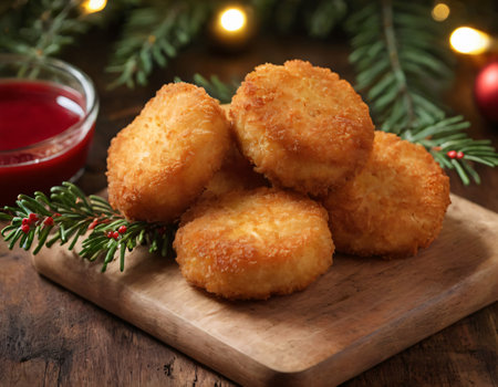 On a rustic wooden board, the festive allure of Christmas Chicken McNuggets beckons, a flavorful and visually enticing treat that promises a delightful holiday indulgence. Generatiの素材