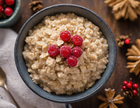 Mouthwatering Christmas oatmeal with succulent raspberries â a delicious and vibrant centerpiece on the table. Generative AIの素材