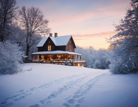 Winter wonderland retreat: A wooden house surrounded by snow-covered trees. Generative AIの素材