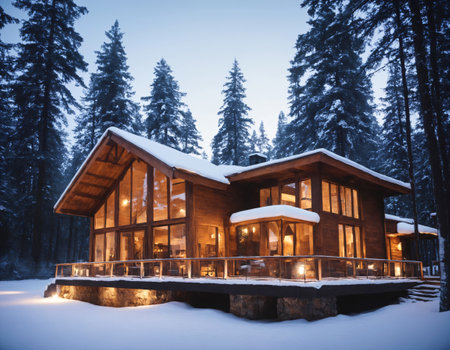 Cozy up in a wooden haven, surrounded by winter's enchanting embrace. Generative AIの素材