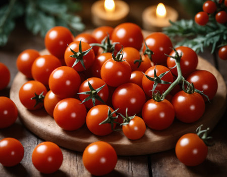 Irresistible cherry tomatoes sprawled on the table, like little red treasures. Generative AIの素材
