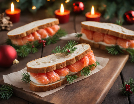 Christmas joy served between slices: succulent salmon sandwiches. Generative AIの素材