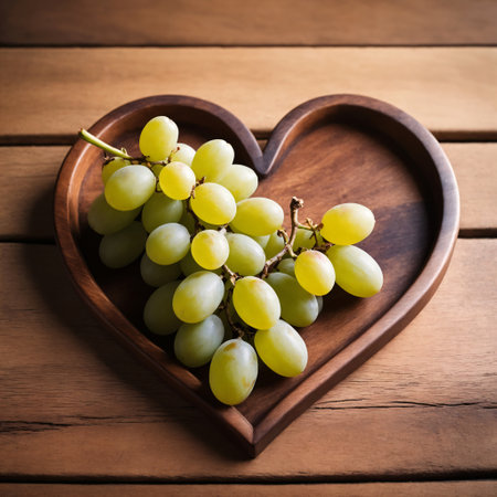 Grapes in a heart-shaped wooden plate on a wooden background.の素材