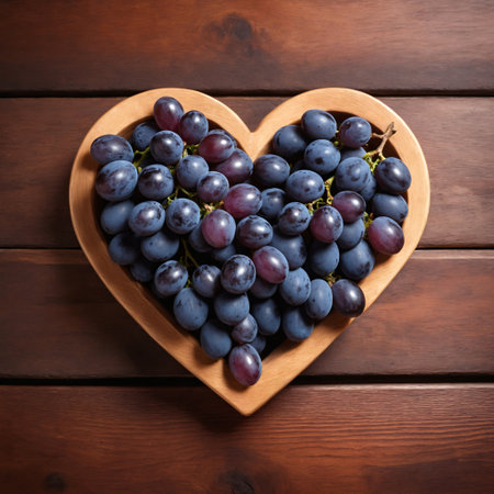 Grapes in a wooden heart-shaped bowl on a wooden background.の素材
