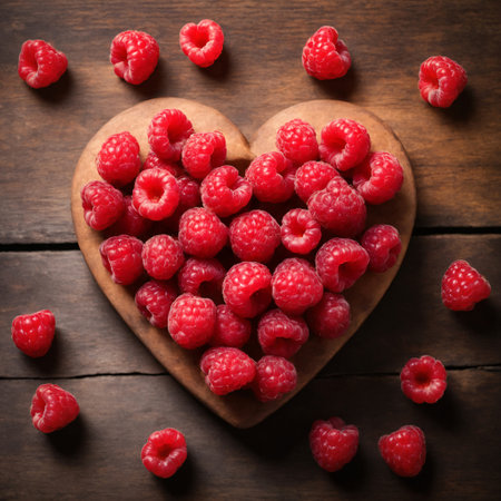 Ripe raspberries in the shape of a heart on a wooden background.の素材