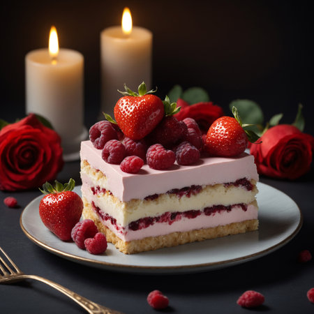 Strawberry cake with fresh berries and candles on a dark background.の素材