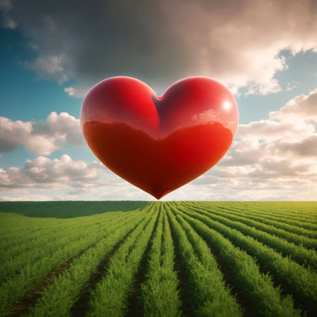 Red heart on green field under blue sky with clouds. Concept of love and romance.の素材